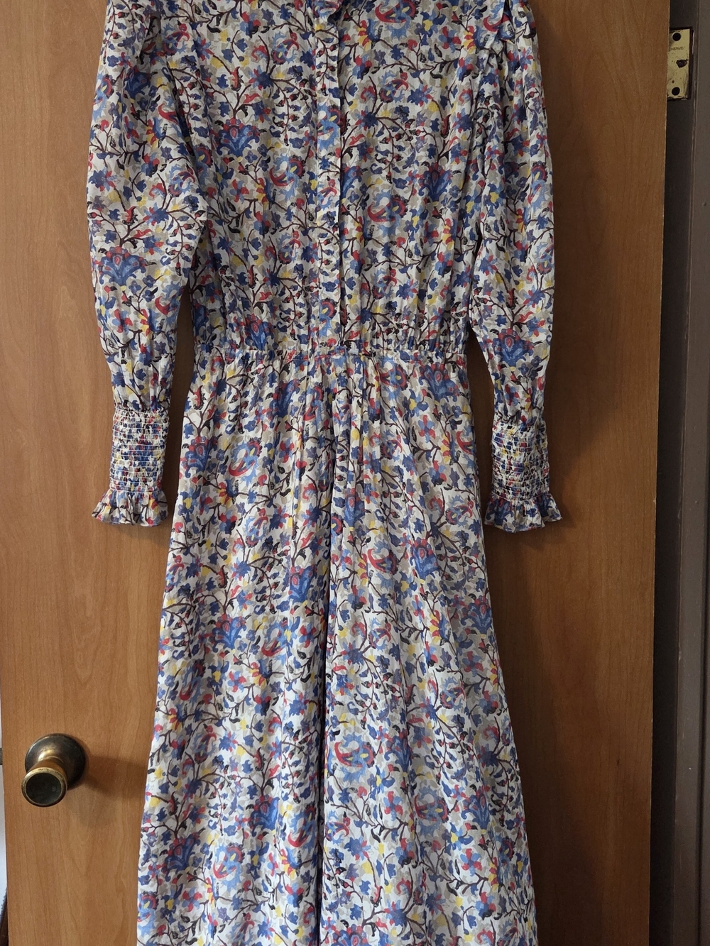 MARANT ETOILE Galoa Smocked Waist Floral Midi Dress in Blue and White Size EU 34